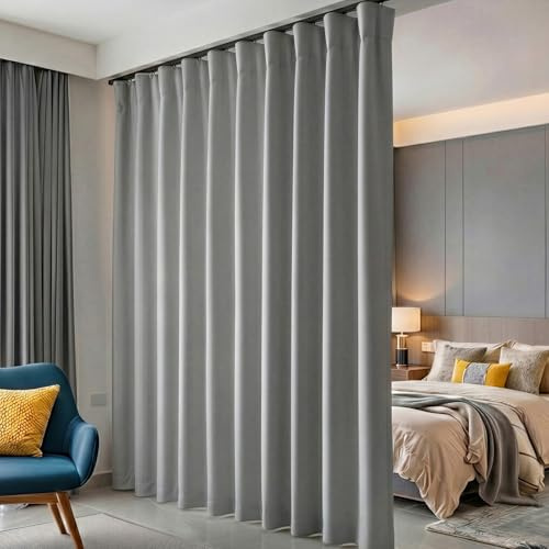 Hoeflife Room Divider Blackout Curtains with Hooks, Soundproof Floor-Length Curtains for Ceiling Mounting Rails, Wall Divider for Room Separation, Light Grey, 100W x 84L Inch