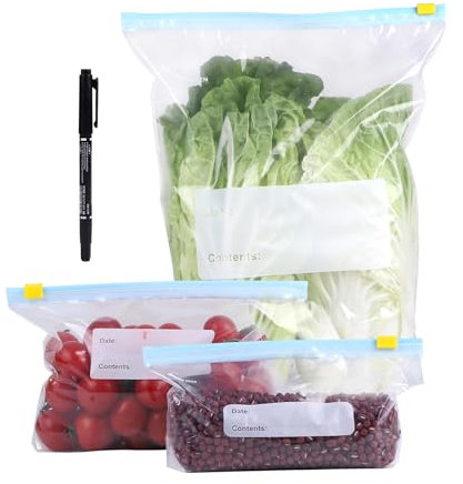 LALAGO 60 pcs Sac Congelation Reutilisable, 3 Tailles Sacs de Rangement Réutilisables, Alimentaire Sac Congelation Zip, Fermeture Étanches pour Conservation Légumes Fruits Viande Poissons et Pain