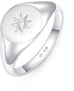 Amberta Siegelring Damen aus 925 Sterling Silber | Kleine Fingerringe für Mädchen | Stapelringe Damen | Sterling Silber Ring Damen - Siegel Ringe Silber Stern Ringgrösse 60.2