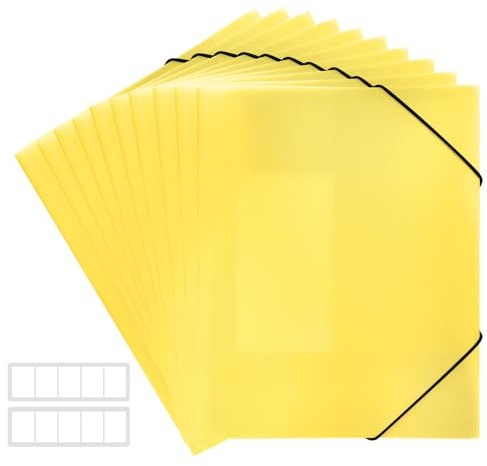 FRETONBA Gul Pärm 10 Pack, Dokumentmapp Skola, Samlingsmapp 3 Stycken, Hörnspännarmapp med Elastiskt Band, Snällhäftare A4 i Slitstarkt och Långvarigt PP-material, Dokumentmapp A4