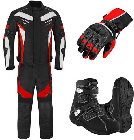 Motorcycle Protected 2 Piece Suit For Men, Bike Jacket WaterProof Fabric CE Armour Protected Trouser, Gloves With Long Leather Boots, Motorcycle Accessories CE-Approved (Red, M)