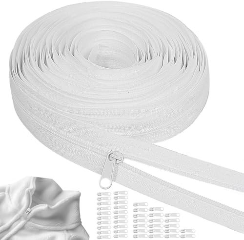 Endless Zip with Zip, 6 mm, 20 m Zip with 40 Metal Sliders, Nylon, Endless Zip, Sold by the Metre for Bed Linen, Cushion Bag, Clothing (White)