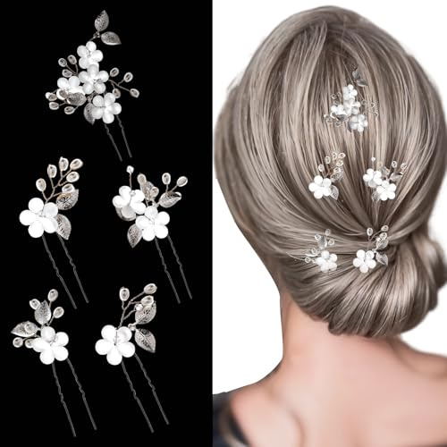 5 Pcs Hair Pins for Women Silver Flower Bridal Hair Pins with Pearls and Rhinestones Elegant Wedding Hairs Accessories for Brides, Women and Girls