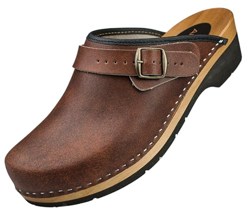 APREGGIO Herren Leder Clogs Ergonomische Holzsohle Braun 46