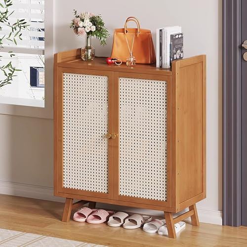MARIYCH Schuhschrank aus Holz für den Eingangsbereich, 5-stufiger/7-stufiger Schuhregal-Organizerschrank mit Rattantüren, für Turnschuhe, Lederschuhe, Absätze, Hausschuhe