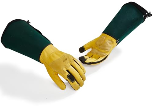Vgo... 1 Paar Gartenhandschuhe [6,7“ Stulpe]- Dornenfestes Rindsleder, Touchscreen-Kompatibel, Hoher Abrieb für Ranch, Landschaftsbau, Rosenschnitt & Outdoor DIY(1Paar/XL/Gelb&Grün/CA7472-UN)