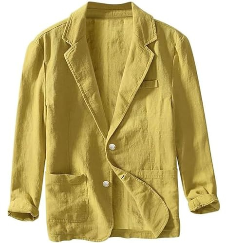FYCYGG Giacca da Uomo Lino Vestito Estivo Sottile 2 Pulsanti Leggera Business Regular Fit Giacche Cappotto Sportivo per Matrimonio Tempo Libero(Yellow,XL)
