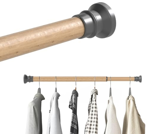 Hershii Extendable Wardrobe Rail 70-116cm, Adjustable Shower Curtain Rod, Clothes Hanging Tension Pole, No Drilling, Telescopic Rods for Kitchen Closet Cupboard Bathroom Window, Light Wood Grain