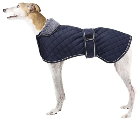 Wasserdichter Hundemantel für Windhunde, Whippet-Lurcher-Mantel, Hunde-Winterjacke mit Fleecefutter, verstellbare Outdoor-Haustierbekleidung für mittelgroße oder große Rassen, Marineblau, Größe S