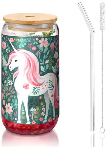 yuangjhop Unicorn with pink hair 16 oz Bamboo Lid and Straw Cup. BPA Free. Reusable drinking cup with bamboo lid and glass straw for hot or cold drinks.