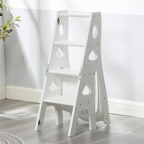 Scaletta e Sgabello Legno, Sgabello con 4 gradini, in Legno, Bianco, Pieghevole, Antiscivolo, Compatto, per Scale, libreria