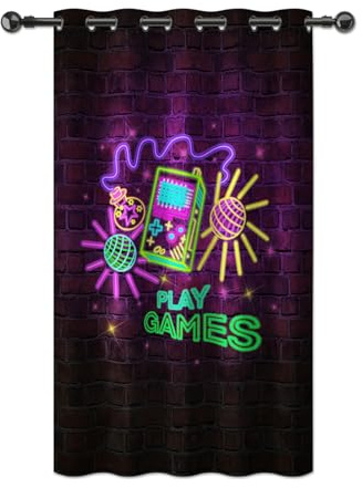 YONGFOTO Gaming Vorhang Jungen Jugendzimmer Neon Retro Spielkonsole Fluoreszierend Gamer Verdunkelungsvorhang mit Ösen für Gaming Zimmer Kinderzimmer 1 Stück 107 x 215 cm