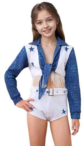 Voyaloc Girls Star Cheerleader Costume Cowboys Cheerleading Uniform 4PCS Blue Glitter Shirt Shorts Belt Socks Set (Blue, 8 Years)