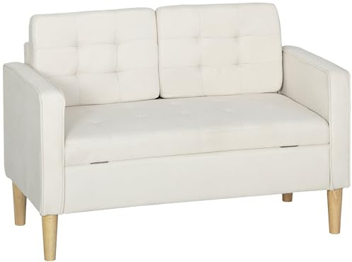 HOMCOM 2 Sitzer Sofa mit Stauraum, Holzbeine, 117 x 62 x 78 cm, Cremeweiß | Couch, Gepolsterter Polstersofa mit Samtoptik, Wohnzimmer, Schlafzimmer, 2er Sofa