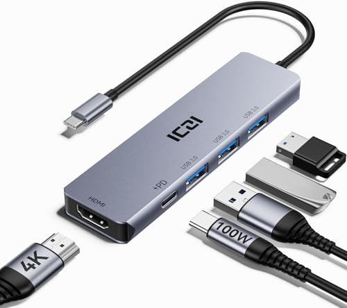 ICZI Hub USB C Multiporta HDMI 4K Adaptador Tipo C con HDMI, 3 Puertos USB 3.0, Recarica PD 100W, Compatible con Mac Mini, iMac, Ordenador Portátil, Tableta, Ordenador de sobremesa, Negro Plata