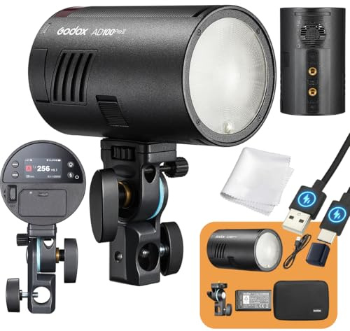 Godox AD100 Pro II AD100Pro II AD100ProII Flash Strobe, 2.4GHz X System+433Mhz Module/3300mAh Battery/2W LED/10 Brightness Levels/490 Full-Power Pops/0.01–1.5s Recycle Time/USB-C Charging/1-256-1/1