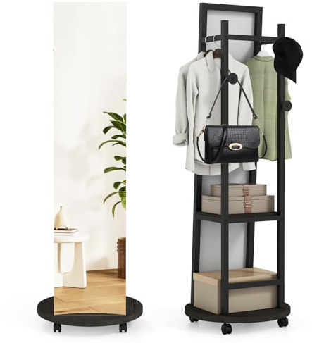 COSTWAY Appendiabiti con Specchio a Figura Intera, Appendiabiti Autoportante con 3 Ganci e Ripiani per Stoccaggio, Specchio da Terra con Ruote per Camera da Letto e Ingresso (Nero)