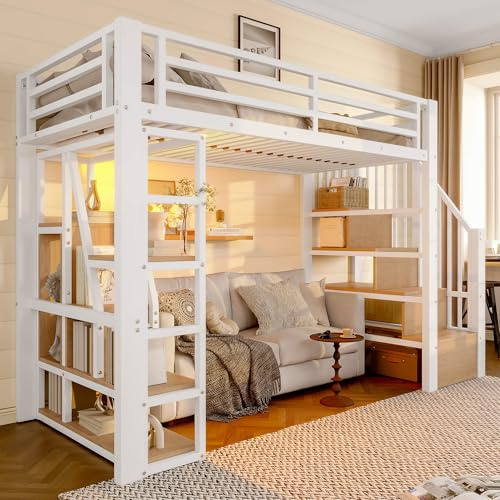 YCYDHDM Hochbett Metallbett 90x200 cm mit Treppe und Stauraum, Etagenbett mit Ablagefach und Lichtleiste, Sicherheitszaun-Design, Bett für Kinder und Jugendliche, Weiß