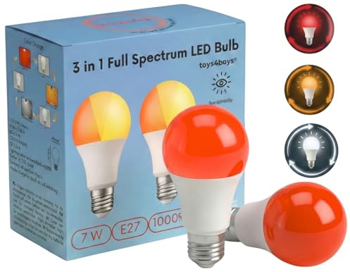 Toys4Boys Lampadina LED E27 per il Sonno con 3 Modalità – Luce Ambra, Rossa e Crepuscolare – Senza Sfarfallio e Senza Luce Blu – Favorisce Melatonina e Relax – Lampadina LED per Camera da Letto, Set d