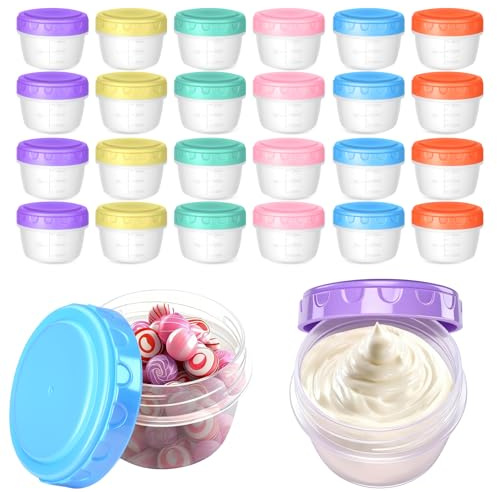MDPUTY 24 Stück Kleine Gefrierdosen mit Deckel, Wiederverwendbare Gefrierdosen mit Messskala Stapelbar für Saucen Dressings Snacks und Joghurt (6 Farben)
