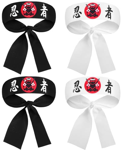 HOUDERCO 4stücke Teiliges Japanisches Stirnband mit Samurai print Vielseitig als Kopf Handband Verwendbar Polyester Traditioneller Stil für Karate Training Party Cosplay und Sport