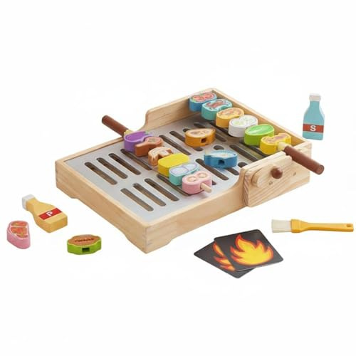 LeeQinersw Barbecue Enfant Bois Jouet Grill Simulé Barbecue pour Enfants Jouet Cuisine Brochettes à Manivelle Scène de Grillade Éveil Créatif Social Adapté aux
