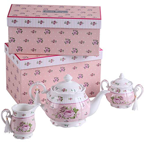 Les Jeux de théière en porcelaine Théière Sucrier et crème Pot à lait vintage shabby chic floral dans une boîte cadeau rose