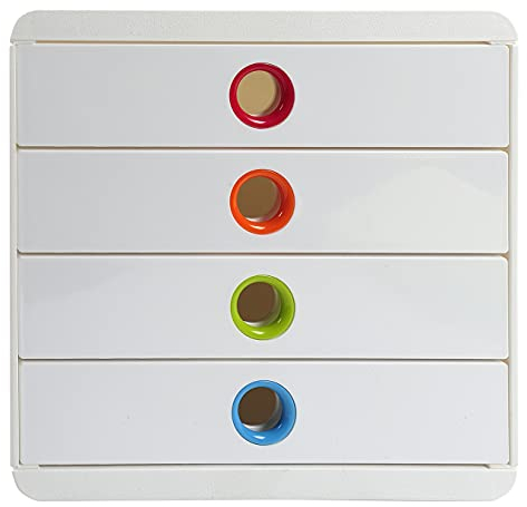 Exacompta 314398D Premium Ablagebox mit 4 Schubladen für DIN A+ Dokumente. Belastbare Schubladenbox mit hoher Kapazität für mehr Platz auf dem Schreibtisch Pop Box weiss/bunt