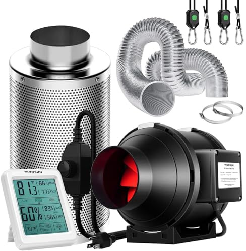 VIVOSUN Ventilateur en Ligne 100mm Extraction 323m³/h avec Régulateur Vitesse Filtre à Charbon 100mm Conduit 240cm Mesureur Température Humidité pour Tentes de Culture et Serres