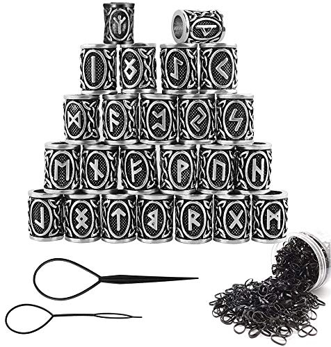 Nsiwem Bartperlen 24 Stücke Wikinger Rune Perlen Wikinger Silberperle Haar Anhänger Bart Schmuck Viking Runen Haar Bartperlen mit Schwarz Gummibänder Set Für DIY Flechten Armband Halskette