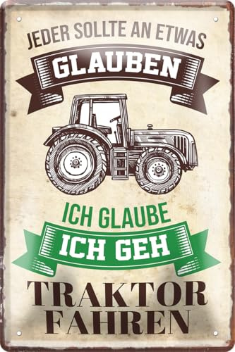 schilderkreis24 – Blechschild Lustiger Traktor Trecker Spruch Deko Metallschild Schild Geschenkidee Weihnachten Geburtstag Bauern Farmer Landwirte Landwirtschaft 20x30 cm (A - Glauben Traktor)