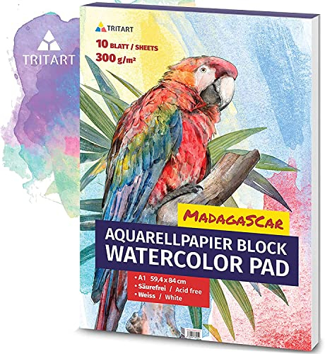 Tritart Aquarellpapier DIN A1 300g/m² - Malblock A1 mit 10 Blatt - Aquarellblock zum Malen - Watercolour Paper - Aquarell Papier DIN A1 Groß - Zeichenpapier A1 mit 10 Blatt