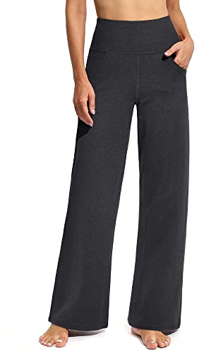Promover Activewear-Hosen für Damen mit Taschen Jogginghose Hohe Taille Yogahose Weites Bein Straighthose Bauchkontrolle Schlaghose Arbeit Sporthose(Charcoal Heather,XXL,Regular)