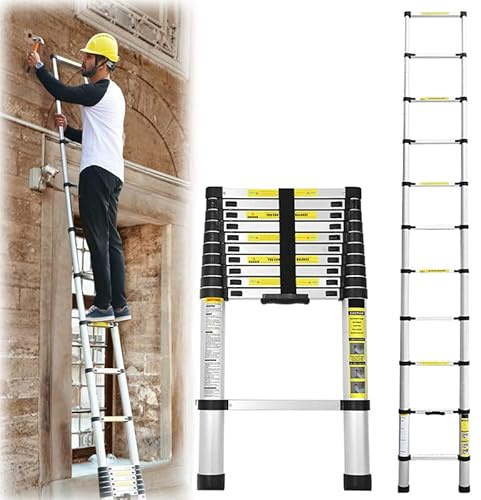 Randaco Teleskopstege, 3,2 m multifunktionsstege aluminium, utdragbar halkfri ståstege, teleskopstege, utdragbar stege, 150 kg lastkapacitet, för vind, klättertak, kontorsanvändning, byggjobb