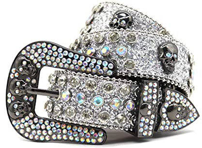 YOPADO Strass Nietengürtel für Damen Western Bling Crystal Diamond Breite Taille Gürtel Cowgirl Totenkopf Schnalle Rock Punk Für Jeans Hosen Kleider, 120cm/waist:41