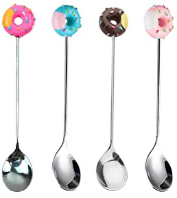 Stainless Steel Stirring Spoons, Cute Doughnut Coffee Spoon for Ice Cream Tea Sugar, Mini Donut Dessert Stirrers Mixing Teaspoons for Tableware Kitchen Tools (4 Pack)