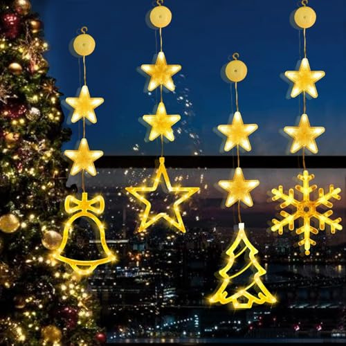 FLSEPAMB 4 Stück LED Sterne Fenster Weihnachtsbeleuchtung, Lichterkette Weihnachten mit Saugnapf, LED Lichtervorhang Weihnachten mit Sterne & Weihnachtsmuster, Fenster Lichter Deko für Valentinstag