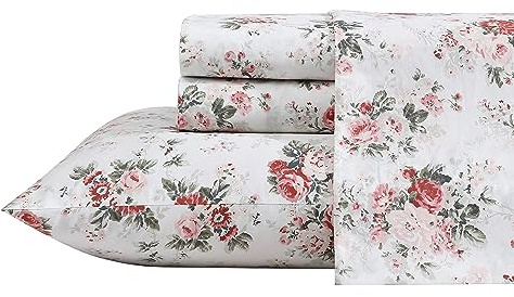 Laura Ashley - King Sheets, Cotton Percale Bedding Set, Crisp & Cool Home Decor (Ashfield Pink, King)