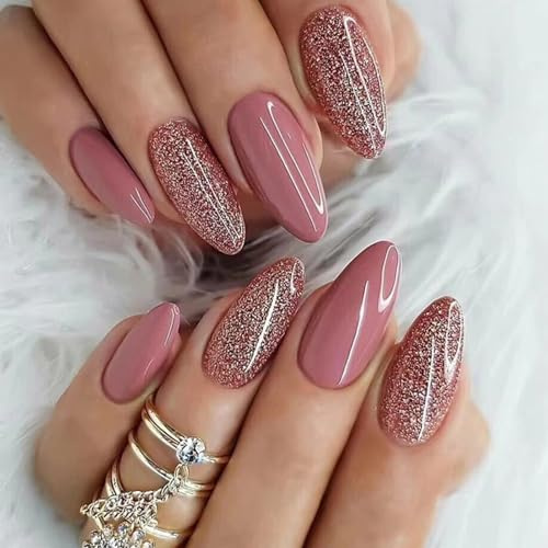 24 Stück Künstliche Nägel Mandel Mittel Falsche Nägel Bohnenpaste Farbe Französische Press on Nails 12 Größen Oval Acryl Nägel zum Aufkleben für Frauen und Mädchen Party und Heimat DIY