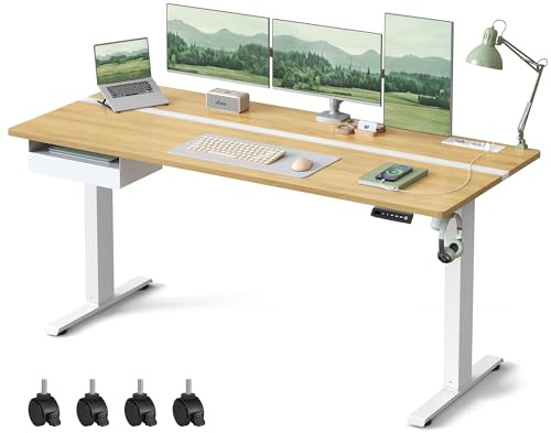 VASAGLE Höhenverstellbarer Schreibtisch elektrisch, 160 x 70 cm | Stufenlos verstellbar, mit Schublade, Steckdosenleiste, Haken, Memory-Funktion, golichenfarben-wolkenweiß LSD116N01