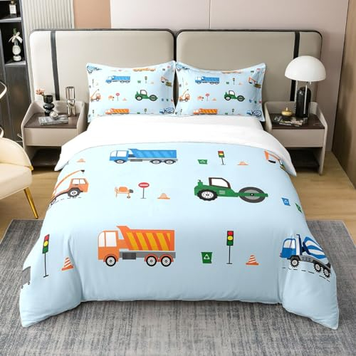Cartoon Auto 100% Baumwolle Bettbezug 155x220 Kinder LKW Bettwäsche Set BAU Bagger Traktor Bett Sets für Jungen Teens, Schwere Maschinen Bagger Mixer Comforter Abdeckung mit 1 Kissenbezugn, Blau