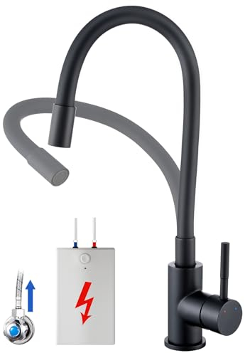 Auralum Robinet de cuisine flexible, basse pression, noir, 3 raccords, rotatif à 360°, mitigeur de cuisine pour chaudière, robinet d'évier avec bec haut