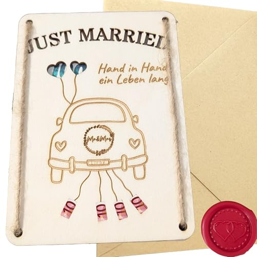 Woodland Mail Geldgeschenk Hochzeit aus Holz mit detaillierter Gravur - Karte Hochzeit Just Married
