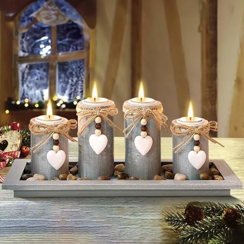 ZQEJEFD 4er Teelichthalter aus Holz mit Tablett & Steinen, Kerzenständer, Vintage Kerzenleuchter, Weihnachtsdeko Adventskerzenhalter für Wohnzimmer, Schlafzimmer, Weihnachten Tischdekoration