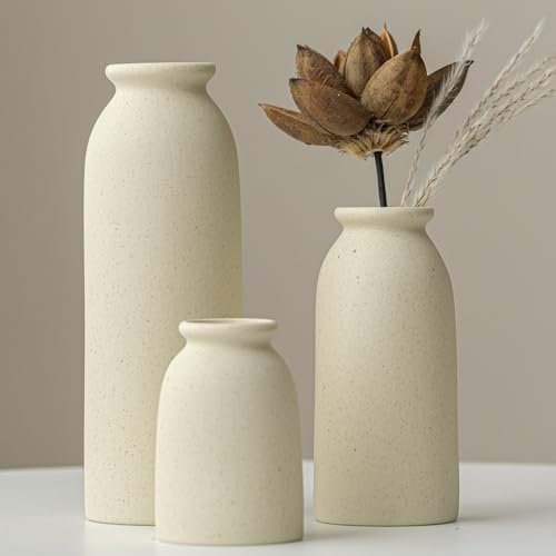 Set of 3 Small Ceramic Vases for Home Decor & Table Centrepieces, Rustic Farmhouse Style, Mini Decorative Flower Vases (Beige)