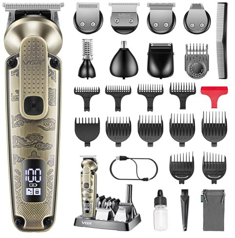 VGR 095 Regolabarba per Uomini, Set di Tagliacapelli e Regolatori Senza Fili 7 in 1 Impermeabili, Rasoio Elettrico con Lama a T Kit di Cura per Naso Corpo Orecchie Viso e Baffi, Regali per Uomini