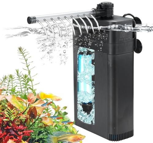 Aquarium Filter Innenfilter mit 9W UV Lampe, 3-Lagiger Filtration, Einstellbarer Wasserfluss 850L/H Aquarium Filterpumpe für 140l ~ 210l Süßwasser oder 90l ~ 120l Salzwasser Aquarien, TU-900(850L/H)