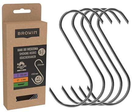 Browin® Traditionelle Raucherhaken 311325 | Haken in S Form - 5 Stück | Hochwertige Edelstahlhaken für authentisches Räuchern | Klassische Fleischhaken | 150 mm, fi 4 mm