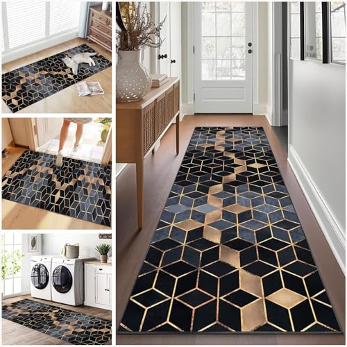 Teppich läufer Flur rutschfest Küchenteppich Waschbar 90 x 250 cm Korridor Teppich Lang Fußmatte Flurteppich Modern Küchenläufer Läufer für Eingang Flur Küche Bettvorleger Schlafzimmer Wohnzimmer
