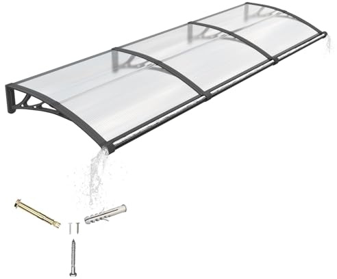 Pensilina da Esterno 80x300 cm in Policarbonato con Grondaia Integrata, Baldacchino Tettoia per Porta, Finestra e Veranda, con Protezione UV, Antipioggia e Antineve | Staffa in ABS per esterni | Copertura esterna sporgenza portico patio protezione UV, sole, pioggia, neve foglio cavo